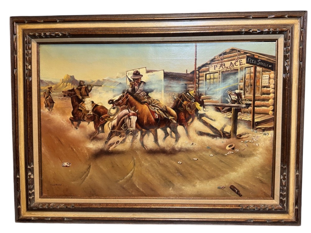 44 x 32 Oil Painting Western Cowboy Scene Poker Game Shooting by Saeed Abizadeh
