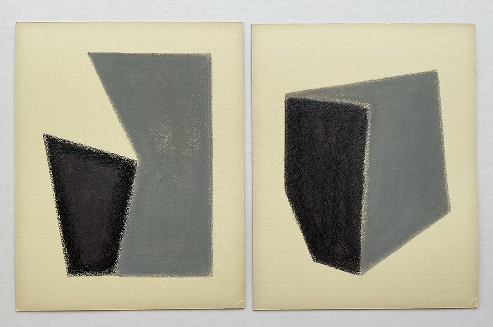 Set Of 2 Original Vintage Geometric Abstraction Paintings Minimalism Oil Pastel