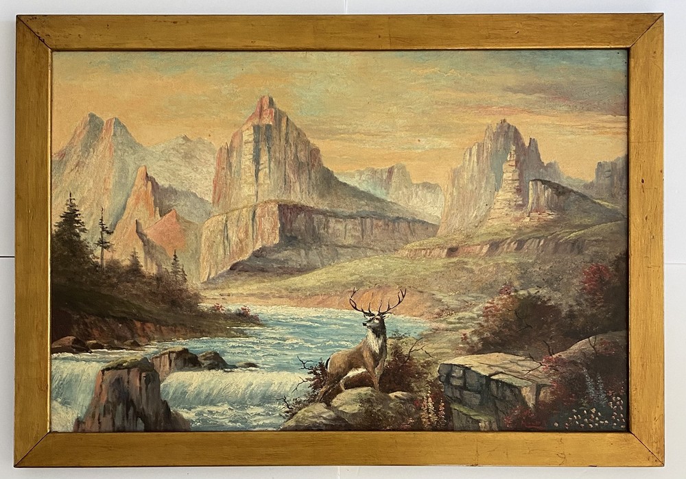 19th-20thC Antique Early American Plein Air Landscape Wildlife Stag Painting