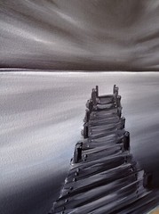 Original Painting Bridge Lake Sky Black White Art Landscape Oil 18 x 14 in
