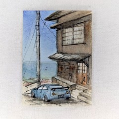 ACEO Original Watercolor Painting OOAK Blue Sports Car Coastal Street Urban Sket