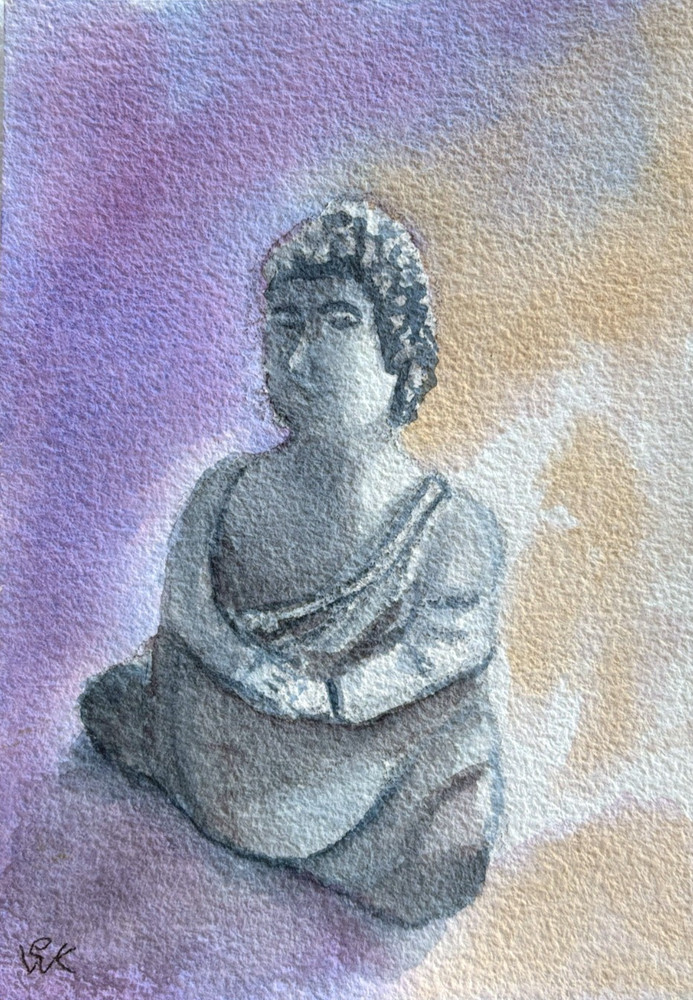Original Watercolor Painting Meditating Buddha Statue Zen Fine Art Signed 5×7
