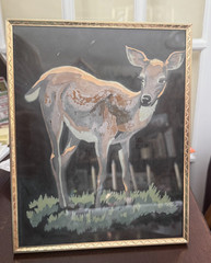 Vintage Mid-Century Modern Hand-Painted Silk Deer Painting 1950s MCM Gold Frame