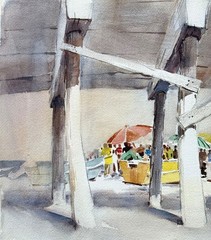 Vintage DORY FISHING FLEET MARKET NEWPORT, CaLiFoRnia 1960s Regionalist Painting