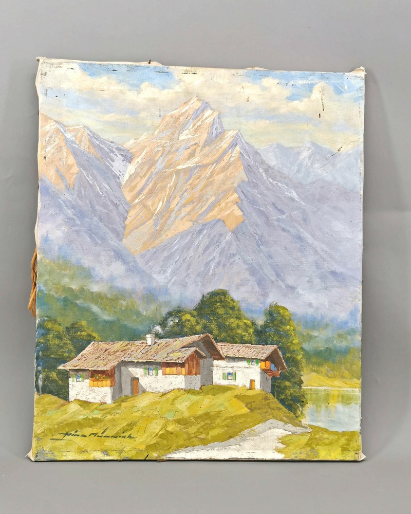 9160015-d Oil Painting Signed Heinz Münnich Alps Landscape Hut