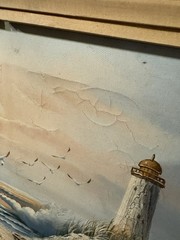 Vintage Coastal Lighthouse Seascape Oil Painting Signed Lorenz 20x 16 W/ shelfS