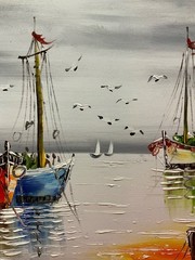 Ol Painting 20×24 Rainbow Sailboats in black and White Sea, seagulls,gray clouds