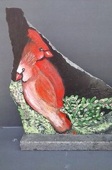 Cardinals Snugglin‘ in the Winter, Acrylic on Granite w/Base, Shaped like Va.