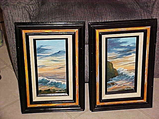 Paintings (2) Ocean Waves and Sunset Signed 13″ X 19″ Frames Wood Excellent