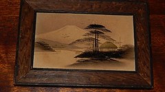 Antique Japanese Wood Block Painting (or Print), Early Village and Mt. Fuji.
