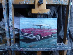 1957 Chevy 2dr Sedan coupe car new original 8×10 canvas painting signed Crowell