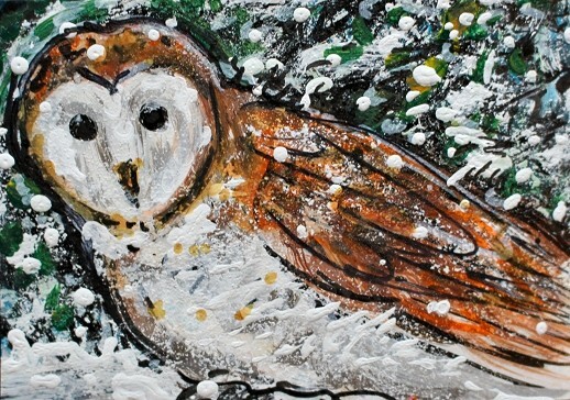 ORIGINAL Barn OWL ACEO PAINTING Autumn Snow BIRD Animal Nature ATC Kasheta ART
