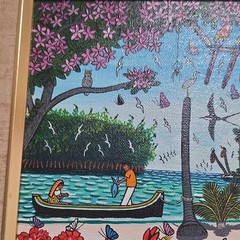 I. Mendez 1996 Signed Framed Canvas Naïve Folk Art Coastal Village Scene