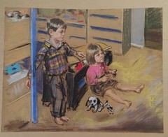 N. R. Original Painting Children Playing Siblings Brothers Paint Mystery Artist