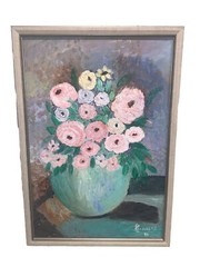 VTG ‘96 Still Life Flowers Ranunculus Roses Blue Vase Canvas Modern 18”x 25.75”