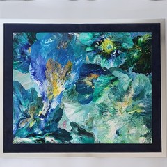 Original Abstract Fluid Art Painting Acrylic Pour Blue Green Gold 30×36 Framed