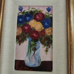 Pair of Paintings by Cristina Granja Woman & Floral Still Life Gold Wood Frames