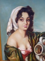 Vintage Oil Painting on Canvas GYPSY GIRL WITH JUG Framed mid century