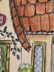 ACEO Original Watercolor Ink Painting 2.5×3.5 Whimsical Cottage Folk Art OOAK