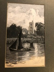 Antique Published Signed Illustration Art Painting Boats Thames Church HySandham
