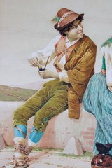 FILIPPO INDONI 1842-1908 ANTIQUE WATERCOLOR CARDBOARD SIGNED COURTSHIP ITALIAN