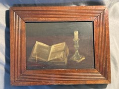 Antique Oil on Canvas Still Life Painting of Book & Candle