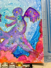 Watercolor Silhouette Original Memorial Art Angels Sky Clouds Star Paint