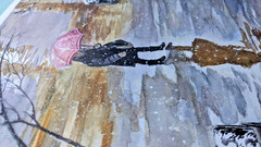 Autumn Watercolor Painting Woman with Umbrella Reflection in Rain Puddle Art