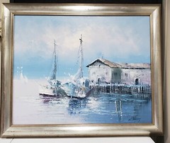 K Pimsszy? SIGNED Original Oil Painting on Canvas Nautical Fishing Boats Marina