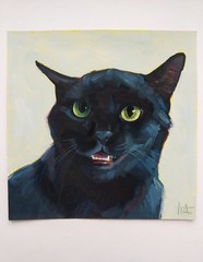 Black Cat Portrait with Green Eyes Oil Painting 8×8 inches