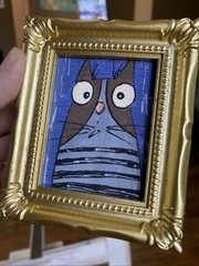 PRINT Whimsical Cat Cute,funny, Painting,framed,miniature,small,mini