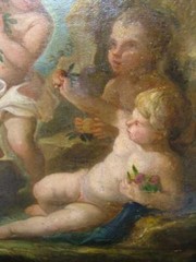 ATTR FRANCOIS BOUCHER „ANGEL PUTTI“ ANTIQ OIL ON CANVAS INVENT STAMPED ON BACK.