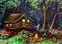 ACEO Original PAINTING Summer CABIN Camping Fire Night Stars Landscape ATC ART