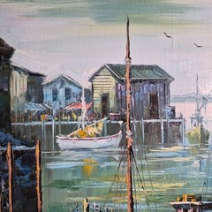 Vintage Original Signed Oil Painting of Harbor Scene Featuring a Fishing Boat
