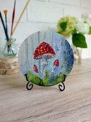 Toadstool Oil Painting 15cm Round Forest Landscape Painting on Painting Board