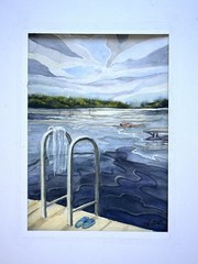 Original Watercolor Lake Landscape, Swimming Dock Painting, Summer Nature Art A4