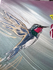 Hummingbird Flower Blue Abstract Signed Mixed Media Art Painting 11×14 Canvas