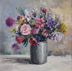 Original oil painting 12″x12″ Still life, Flower, Floral Art, Gray, Pink, Purple
