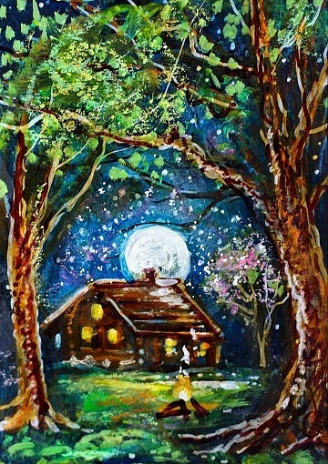 ACEO Original PAINTING Spring TREE Night Sky Moon CABIN Nature Landscape ATC ART