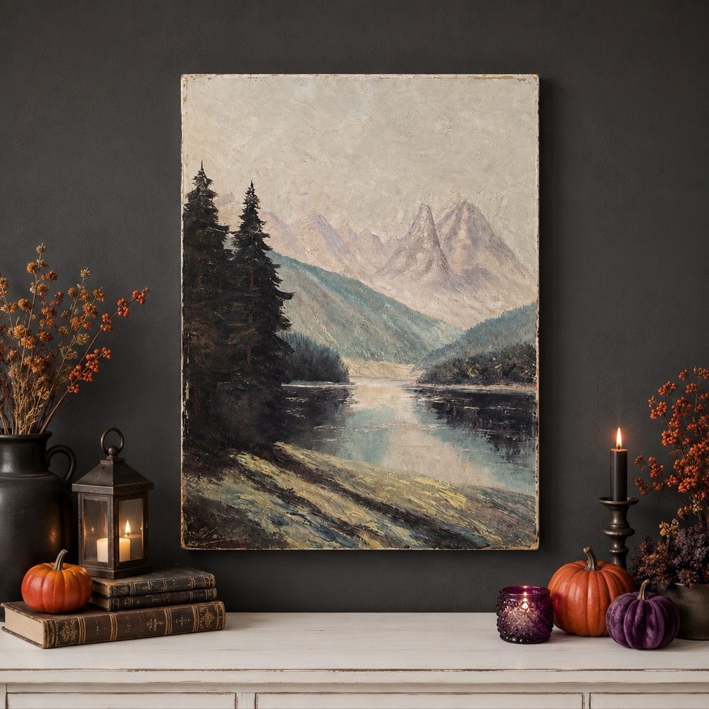 VTG Rustic Mountain Lake Oil Painting Canvas Wall Art Cabin Lodge Decor 20×27”