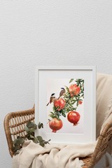 Original 11.7 x 16.5 inches Watercolor Painting „Two Birds in Pomegranate Tree“