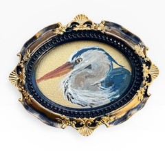 ORIGINAL Great Blue Heron mini bird painting • vintage style ornate frame