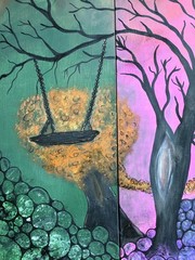 Wood Art, Tree Art, Scrap Wood Painting, 2 Piece Art, Girl Art, Tree Swing