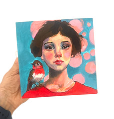 Original Acrylic Woman Portrait Painting 6×6 Bird Contemporary Signed AdriO