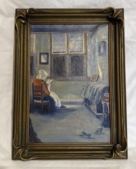 Vintage European Flemish Cottage Interior Scene Original Oil Canvas Signed 1929