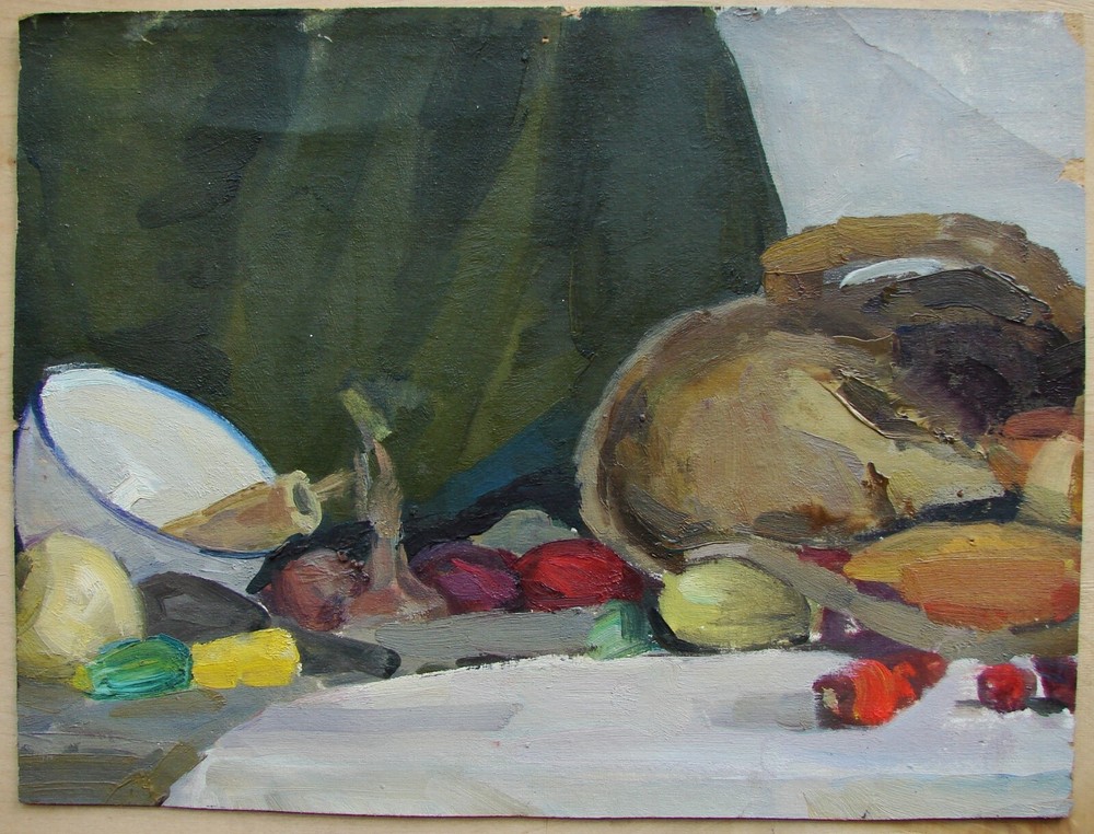 Ukrainian Soviet Oil Painting impressionism rural still life vegetables basket