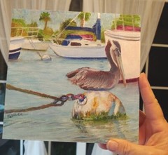 Original Pelican on Bouy signed RAMFISH Artist Oil on Wood Panel 8″x 8″
