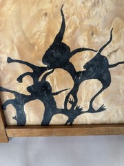 Vintage Rustic Ink Painting On Wood In Wood Frame