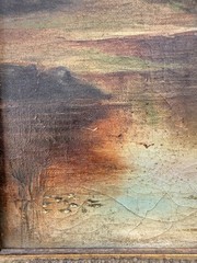 Antique 19th C. Hudson River School Style Landscape Oil On Canvas Painting Ducks