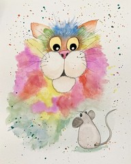 Original Art Watercolor Painting Fat Katz Rainbow Cat surprised by Mouse